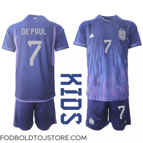 Argentina Rodrigo de Paul #7 Udebanesæt Børn VM 2022 Kortærmet (+ Korte bukser)